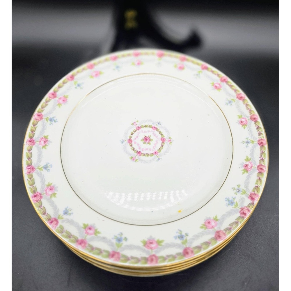 Vintage M. Redon P.L. Limoges Set/5 Salad Lunch Plate Pink Rose France 8.5"